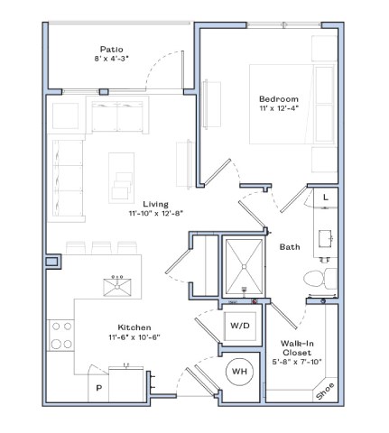 Floor plan for 1 bed, 1 bath, 664 sqft
